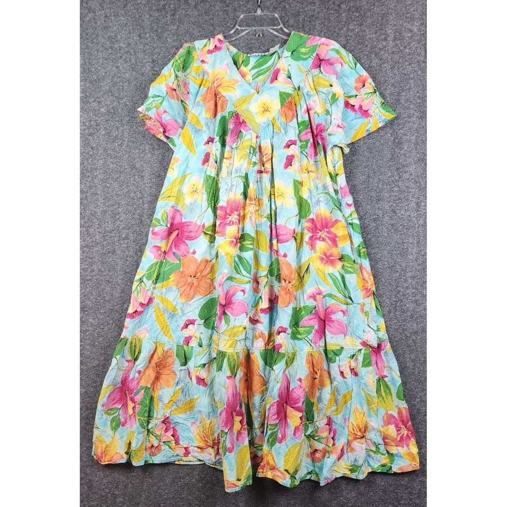 Meant To Be Floral Muumuu Dress Womens OS Blue Pink Orange Tiered V-Neck